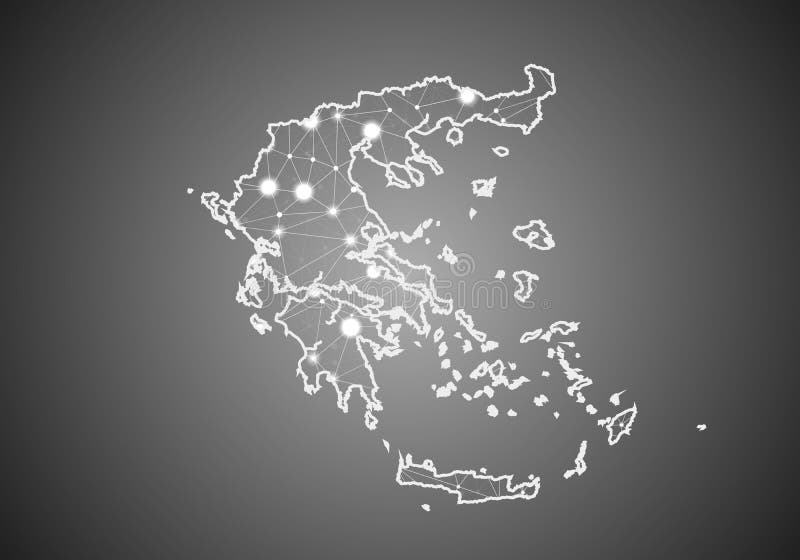 Vector wireframe mesh polygonal of greece map. Abstract global connection structure. Map connected with lines and dots. Geometric stock illustration
