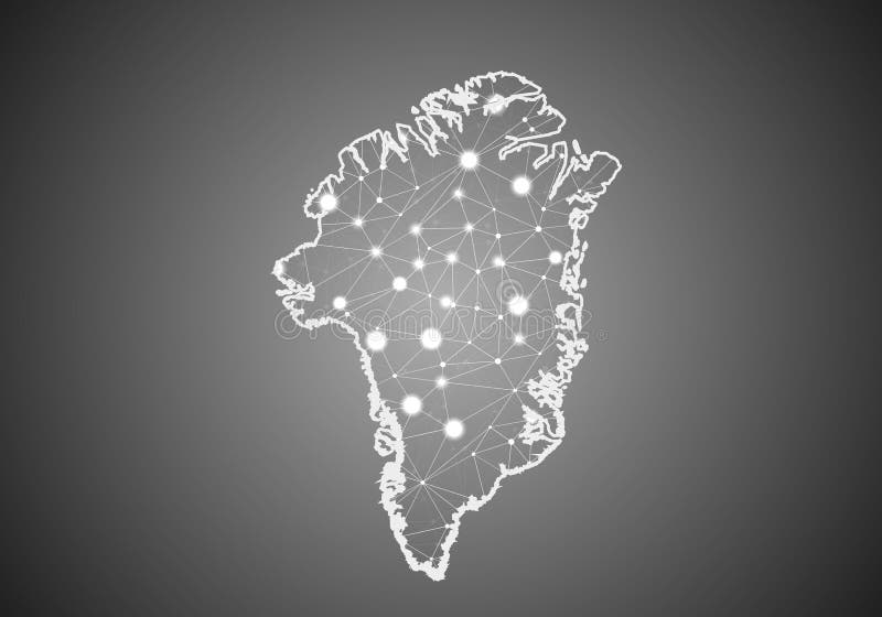 Vector wireframe mesh polygonal of greenland map. Abstract global connection structure. Map connected with lines and dots. royalty free illustration