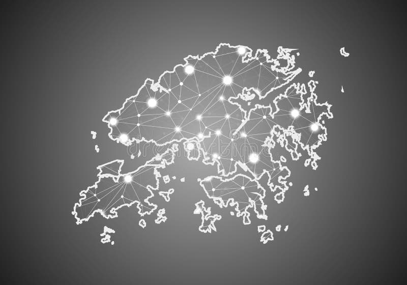 Vector wireframe mesh polygonal of hong Kong map. Abstract global connection structure. Map connected with lines and dots. royalty free illustration