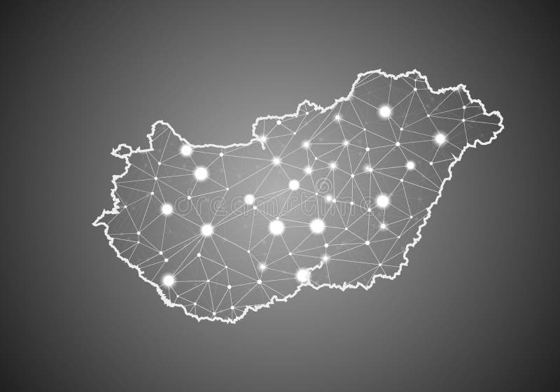 Vector wireframe mesh polygonal of hungary map. Abstract global connection structure. Map connected with lines and dots. Geometric royalty free illustration