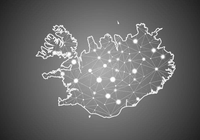 Vector wireframe mesh polygonal of iceland map. Abstract global connection structure. Map connected with lines and dots. Geometric vector illustration