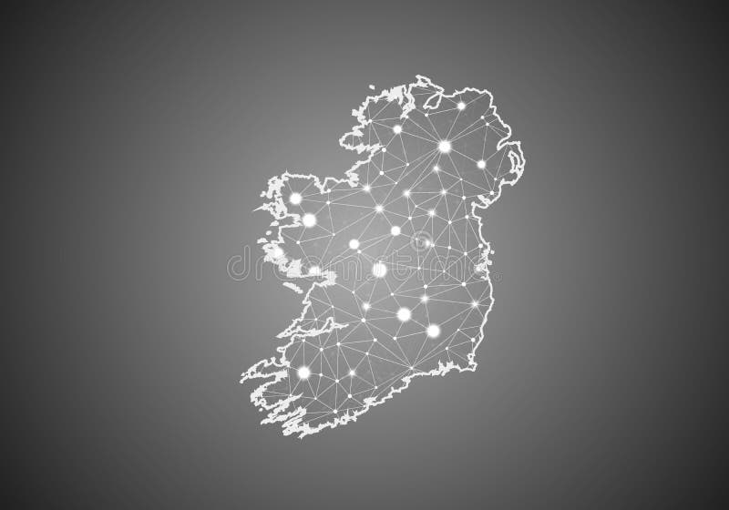 Vector wireframe mesh polygonal of ireland map. Abstract global connection structure. Map connected with lines and dots. Geometric royalty free illustration