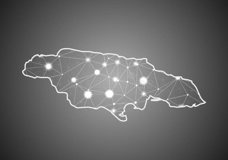 Vector wireframe mesh polygonal of jamaica map. Abstract global connection structure. Map connected with lines and dots. Geometric royalty free illustration
