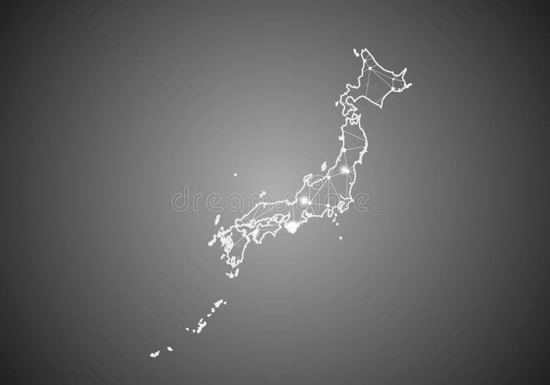 Vector wireframe mesh polygonal of japan map. Abstract global connection structure. Map connected with lines and dots. Geometric royalty free illustration