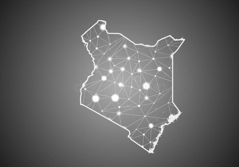 Vector wireframe mesh polygonal of kenya map. Abstract global connection structure. Map connected with lines and dots. Geometric stock illustration
