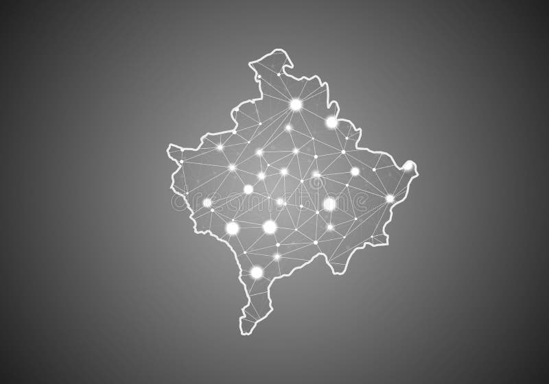 Vector wireframe mesh polygonal of kosovo map. Abstract global connection structure. Map connected with lines and dots. Geometric royalty free illustration