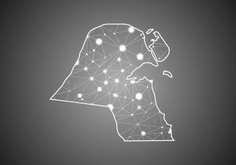 Vector wireframe mesh polygonal of kuwait map. Abstract global connection structure. Map connected with lines and dots. Geometric stock illustration