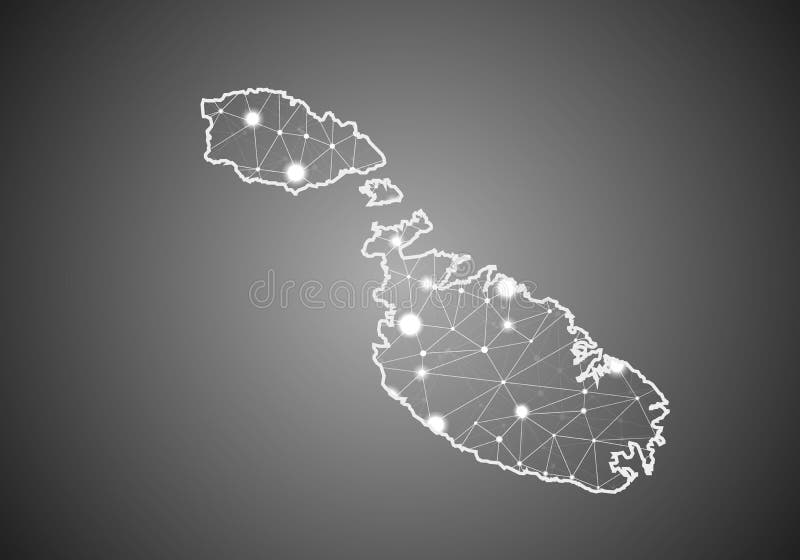 Vector wireframe mesh polygonal of malta map. Abstract global connection structure. Map connected with lines and dots. Geometric vector illustration