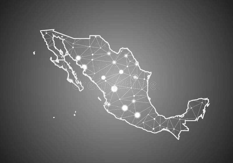 Vector wireframe mesh polygonal of mexico map. Abstract global connection structure. Map connected with lines and dots. Geometric stock illustration