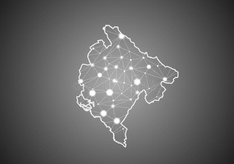Vector wireframe mesh polygonal of montenegro map. Abstract global connection structure. Map connected with lines and dots. stock illustration