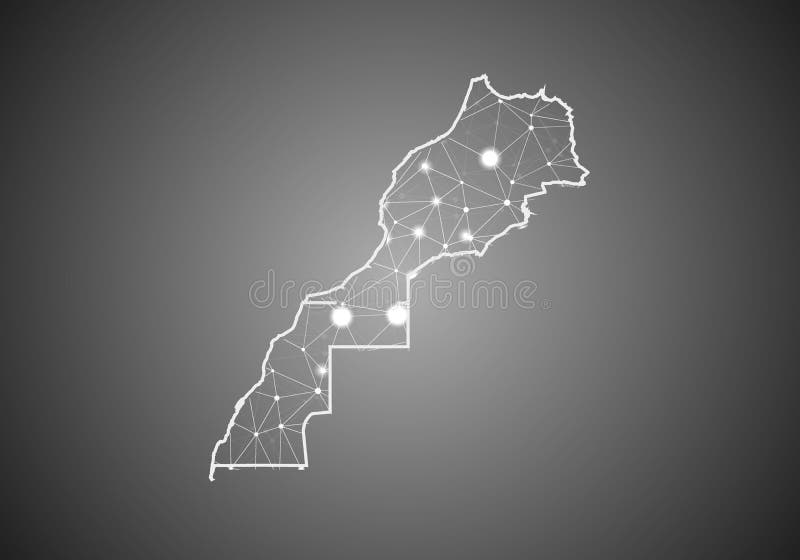 Vector wireframe mesh polygonal of morocco Western Sahara map. Abstract global connection structure. Map connected with lines and stock illustration