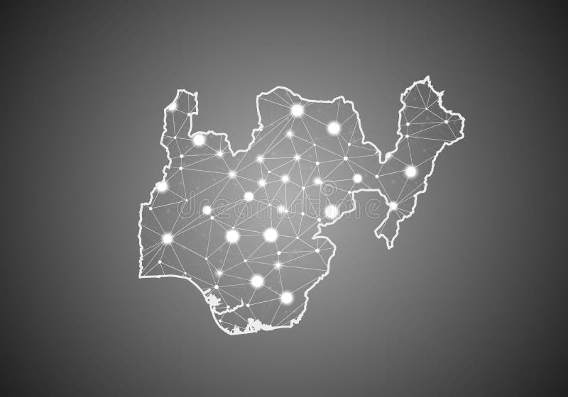 Vector wireframe mesh polygonal of nigeria map. Abstract global connection structure. Map connected with lines and dots. Geometric vector illustration
