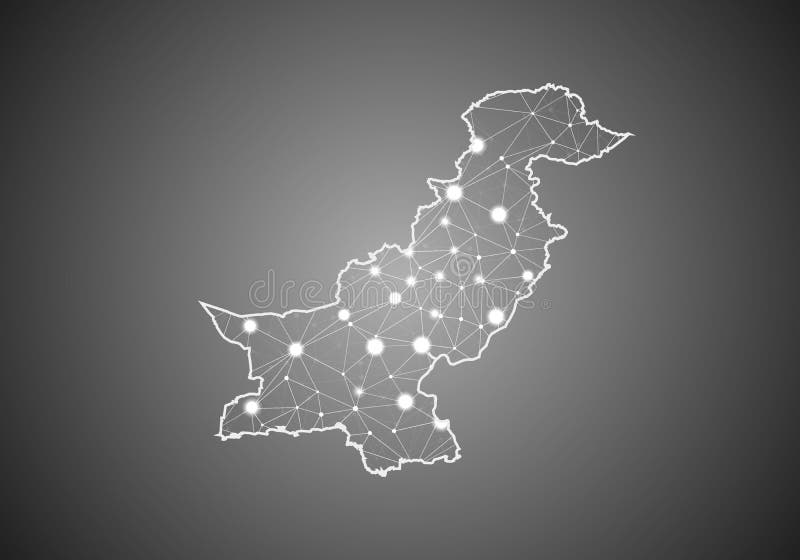 Vector wireframe mesh polygonal of pakistan map. Abstract global connection structure. Map connected with lines and dots. royalty free illustration