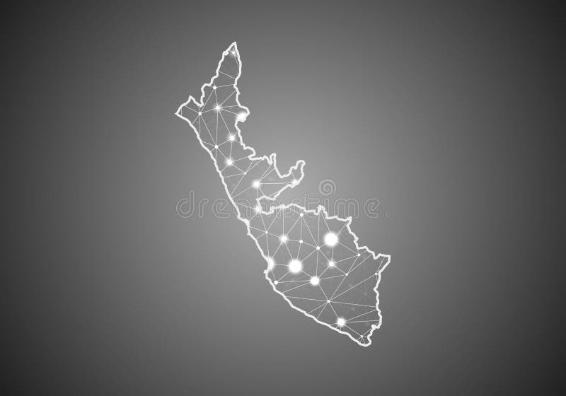 Vector wireframe mesh polygonal of peru map. Abstract global connection structure. Map connected with lines and dots. Geometric stock illustration