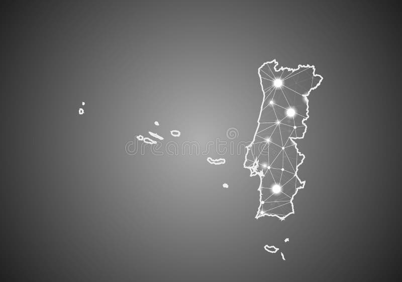 Vector wireframe mesh polygonal of portugal map. Abstract global connection structure. Map connected with lines and dots. stock illustration