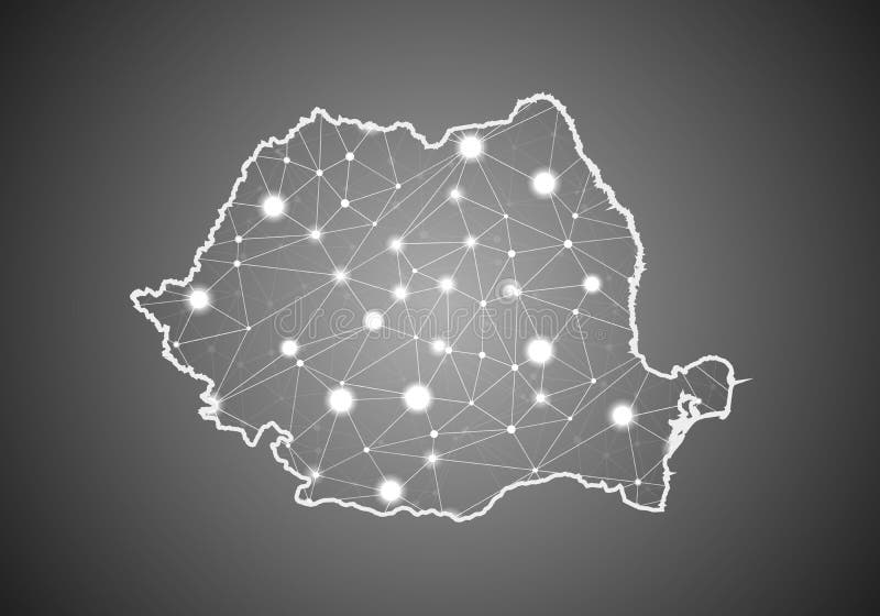 Vector wireframe mesh polygonal of romania map. Abstract global connection structure. Map connected with lines and dots. Geometric stock illustration