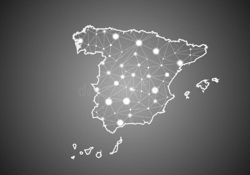 Vector wireframe mesh polygonal of spain map. Abstract global connection structure. Map connected with lines and dots. Geometric royalty free illustration