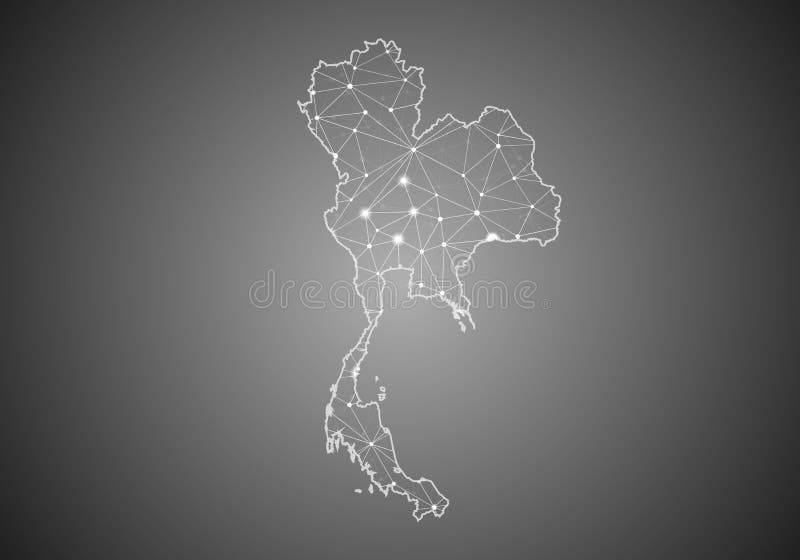 Vector wireframe mesh polygonal of Thailand map. Abstract global connection structure. Map connected with lines and dots. stock illustration