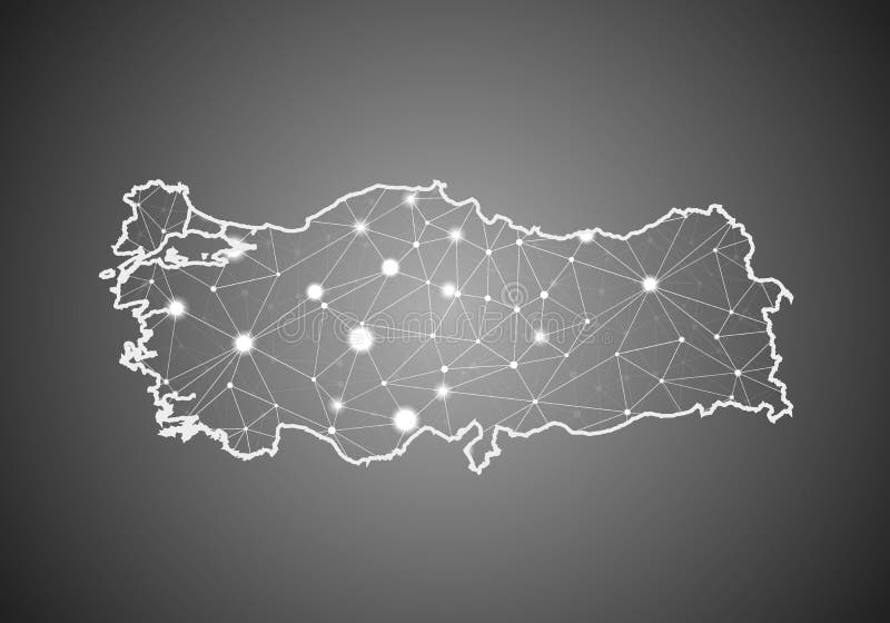 Vector wireframe mesh polygonal of turkey map. Abstract global connection structure. Map connected with lines and dots. Geometric vector illustration