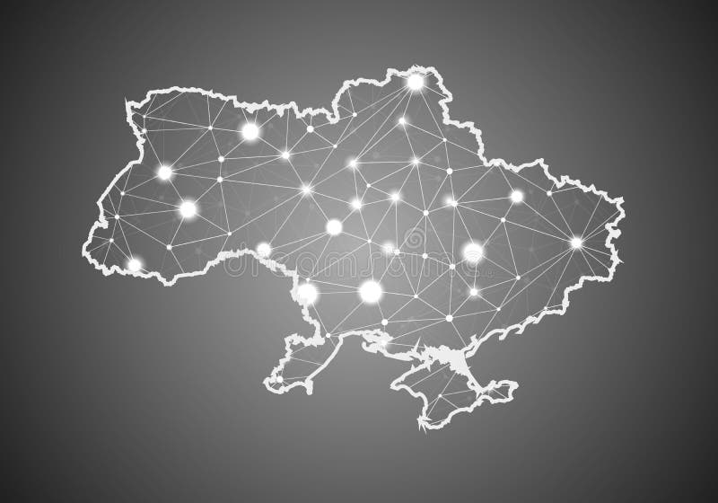 Vector wireframe mesh polygonal of ukraine map. Abstract global connection structure. Map connected with lines and dots. Geometric royalty free illustration