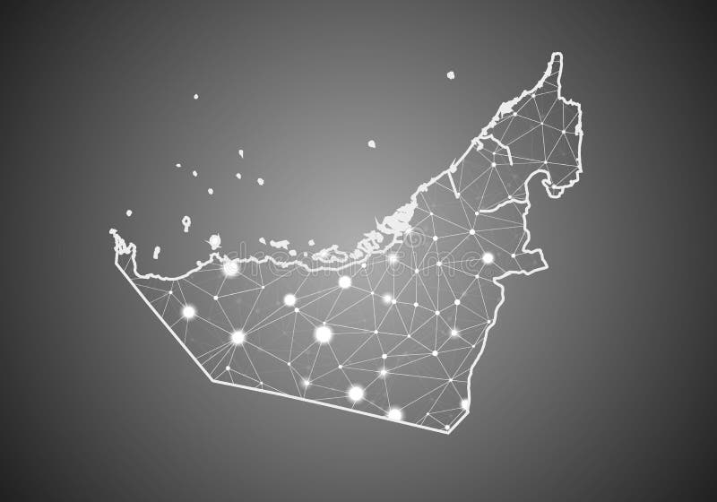 Vector wireframe mesh polygonal of united Arab Emirates map. Abstract global connection structure. Map connected with lines and royalty free illustration