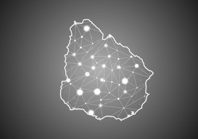 Vector wireframe mesh polygonal of uruguay map. Abstract global connection structure. Map connected with lines and dots. Geometric stock illustration