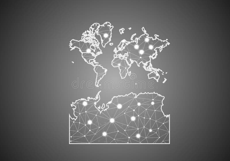 Vector wireframe mesh polygonal of world With Antarctica map. Abstract global connection structure. Map connected with lines and royalty free illustration