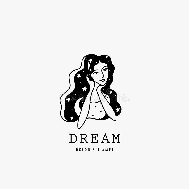 Vector woman face logo, black and white hand drawn icon. Sitting dreaming lady, stars and moon in curly hair