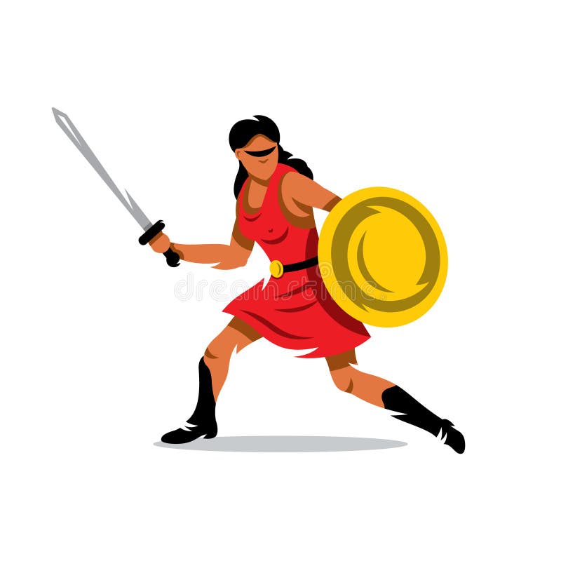 A woman with a shield and sword in a red dress on a white background. A woman with a shield and sword in a red dress on a white background