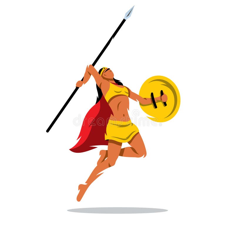 A woman with a shield and sword jumping in a yellow dress isolated on a white background. A woman with a shield and sword jumping in a yellow dress isolated on a white background