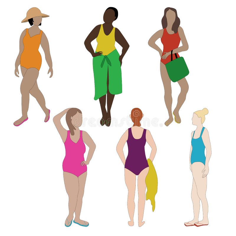 Vector Women Wearing Bright Swim Anzüge Icon Set on White Background Clip Art für die Verzierung von Karten, Newslettern vektor abbildung Vector Women Wearing Bright Swim Anzüge Icon Set on White Background Clip Art für die Verzierung von Karten, Newslettern vektor abbildung