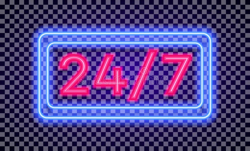 Vector work time 24 7 sign neon light style with colorful frame