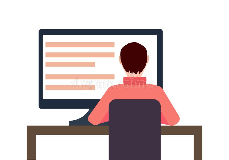 Vector Workplace Concept Flat Illustration. Man Working On Desktop Computer. stock illustration