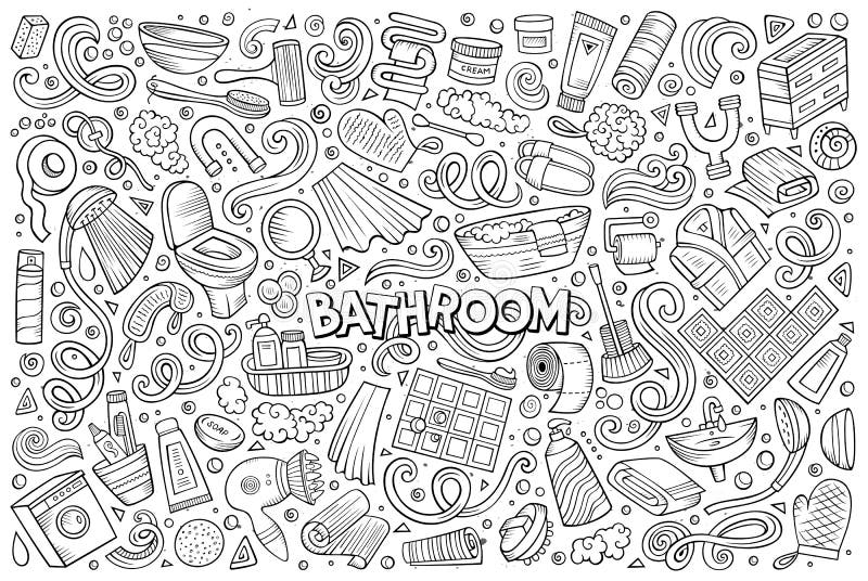 Vector hand drawn line art doodle cartoon set of Bathroom objects and symbols. Vector hand drawn line art doodle cartoon set of Bathroom objects and symbols
