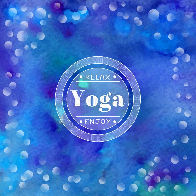 Vector yoga illustration. Name of yoga studio on a blue watercolors background. vector illustration