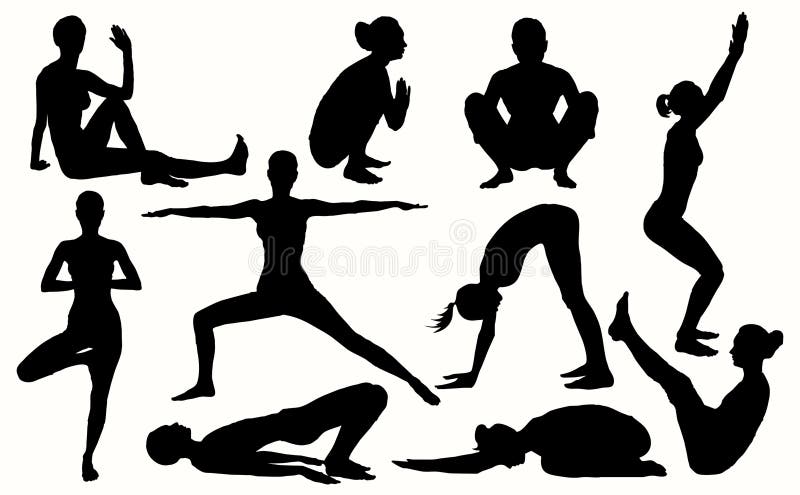 Vector yoga silhouettes 10 best asanas for women. Yoga set.