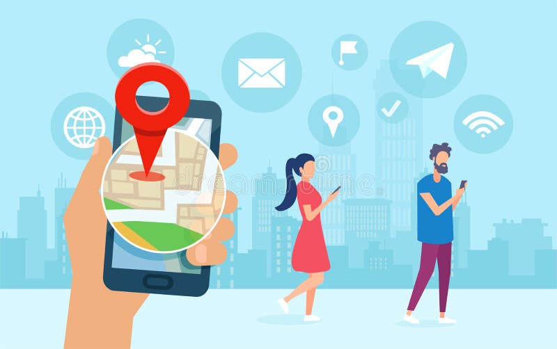 Vector of young people using smart phone apps sharing location, chatting browsing internet royalty free illustration Vector of young people using smart phone apps sharing location, chatting browsing internet royalty free illustration