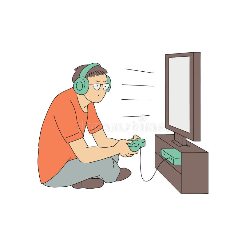 Gaming addiction flat vector illustration. Videogaming dependence. Computer  entertainment obsession. Exhausted player with eyebags. Excited gamer playing  online game at night cartoon character Stock Vector