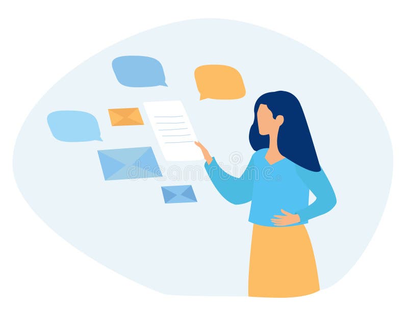 Vector of a woman receiving e-mail letters, business messages and documents