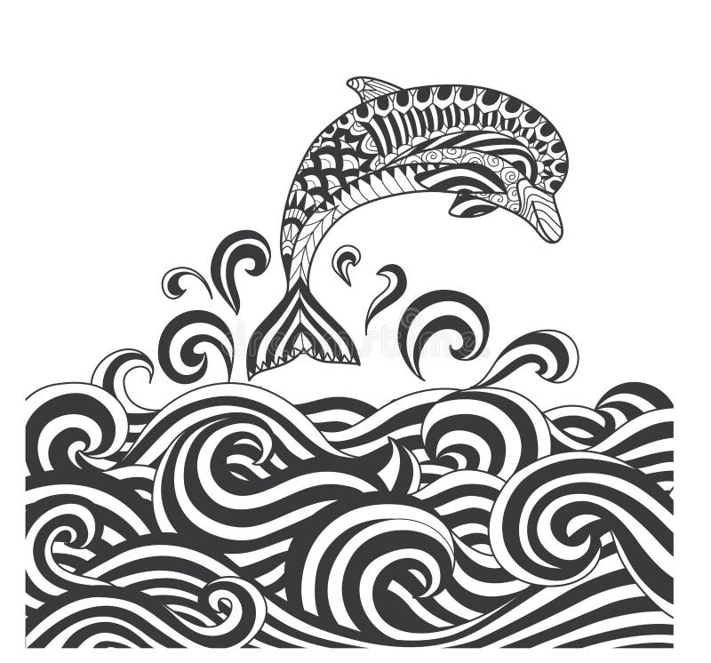 Vector zentangle dolphins in scrolling sea wave for adult coloring page, book cover, poster, T shirt design and other decoration -