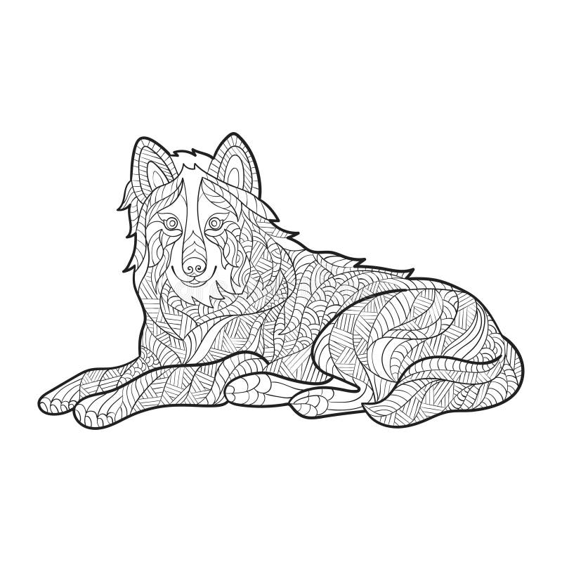 Vector zwart-wit hand getrokken zentagle illustratie van wolf stock illustratie Vector zwart-wit hand getrokken zentagle illustratie van wolf stock illustratie