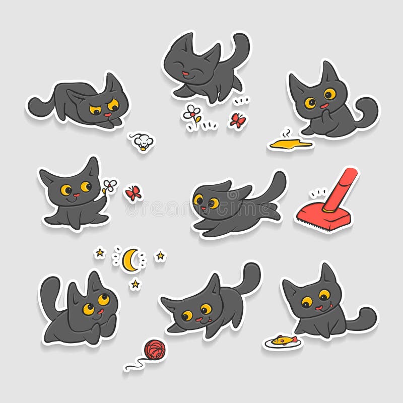 Vector black kittens stickers. Small cat different emotions and situations. Kitty play with ball walking in nature hunting for mouse and run away from broom. Set embossed cartoon illustrations. Vector black kittens stickers. Small cat different emotions and situations. Kitty play with ball walking in nature hunting for mouse and run away from broom. Set embossed cartoon illustrations.