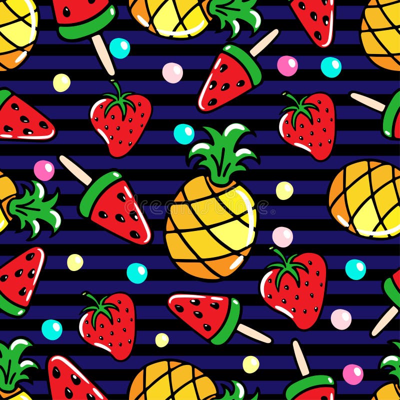 Vector безшовная картина с ананасами, арбузами и srawberries на striped предпосылке бесплатная иллюстрация Vector безшовная картина с ананасами, арбузами и srawberries на striped предпосылке бесплатная иллюстрация