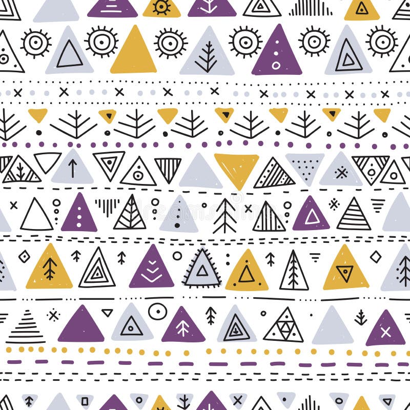 Vector seamless pattern with ethnic tribal boho trendy doodle triangle ornaments. Can be printed and used as wrapping paper, wallpaper, textile, fabric, etc. Vector seamless pattern with ethnic tribal boho trendy doodle triangle ornaments. Can be printed and used as wrapping paper, wallpaper, textile, fabric, etc