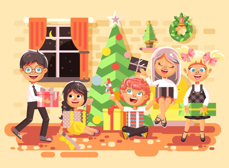 Vector дети персонажей из мультфильма иллюстрации, мальчики и девушки в комнате под рождественской елкой, счастливый Новый Год и иллюстрация вектора Vector дети персонажей из мультфильма иллюстрации, мальчики и девушки в комнате под рождественской елкой, счастливый Новый Год и иллюстрация вектора