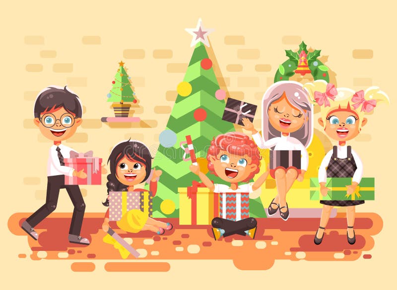 Vector дети персонажей из мультфильма иллюстрации, мальчики и девушки в комнате под рождественской елкой, счастливый Новый Год и бесплатная иллюстрация Vector дети персонажей из мультфильма иллюстрации, мальчики и девушки в комнате под рождественской елкой, счастливый Новый Год и бесплатная иллюстрация