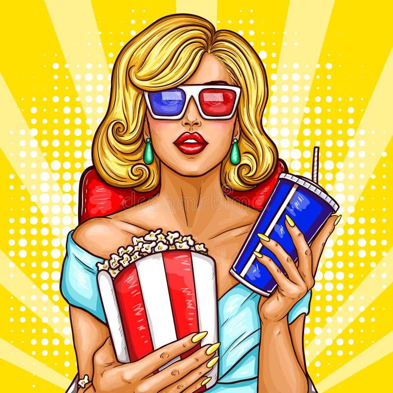 Vector женщина искусства шипучки белокурая сидя в аудитории и смотря кино 3D иллюстрация штока