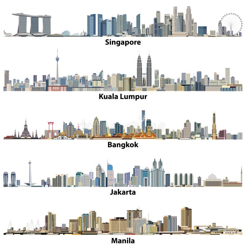 Vector иллюстрации азиатских citiesSingapore, горизонтов Куалаа-Лумпур, Бангкока, Джакарты и Манилы иллюстрация вектора Vector иллюстрации азиатских citiesSingapore, горизонтов Куалаа-Лумпур, Бангкока, Джакарты и Манилы иллюстрация вектора