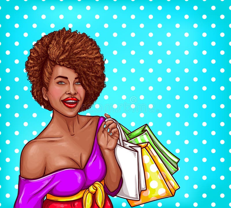 Vector иллюстрация искусства шипучки чернокожей женщины держа хозяйственные сумки иллюстрация штока