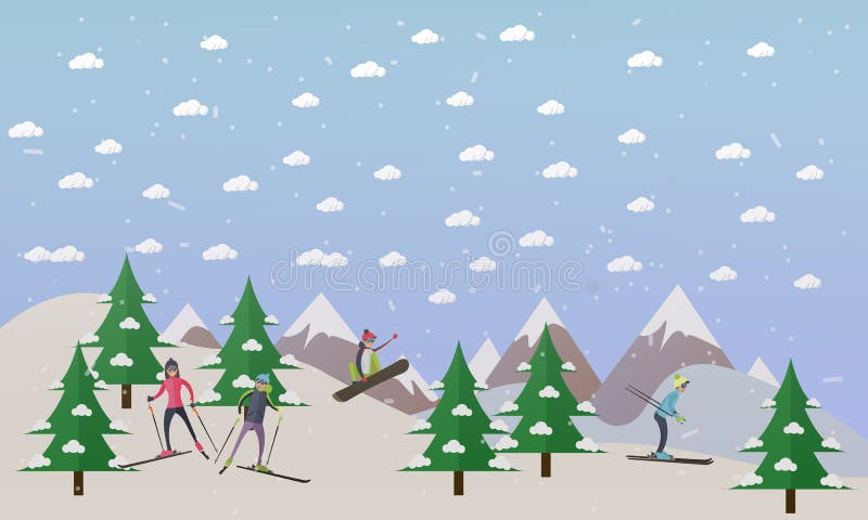 Vector иллюстрация следа лыжи и людей катаясь на лыжах, плоского дизайна иллюстрация штока Vector иллюстрация следа лыжи и людей катаясь на лыжах, плоского дизайна иллюстрация штока